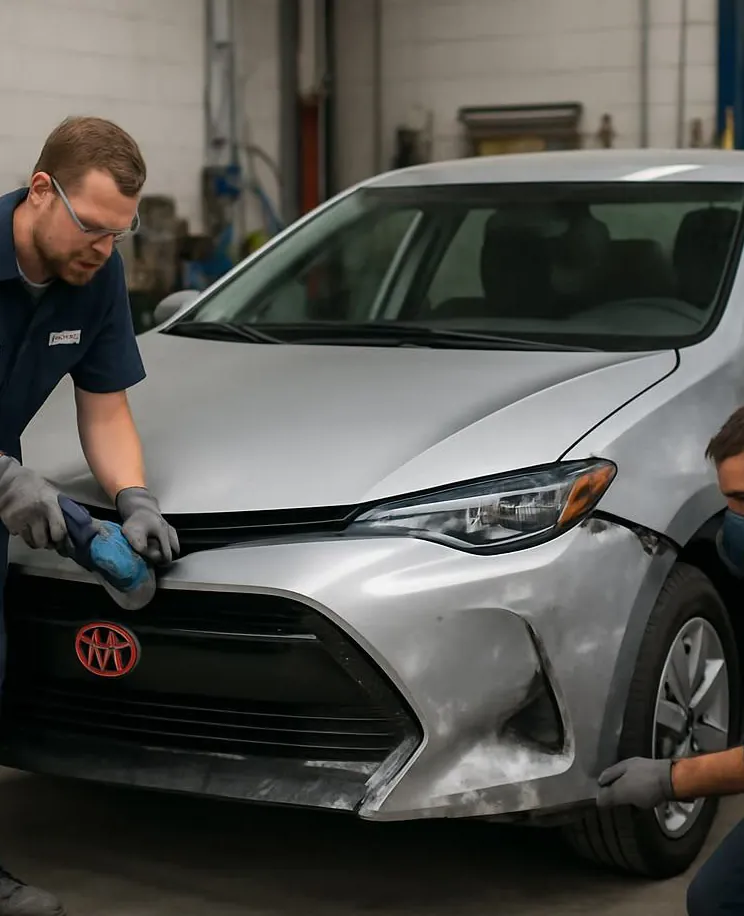 Two technicians preparing the front bumper of a silver car