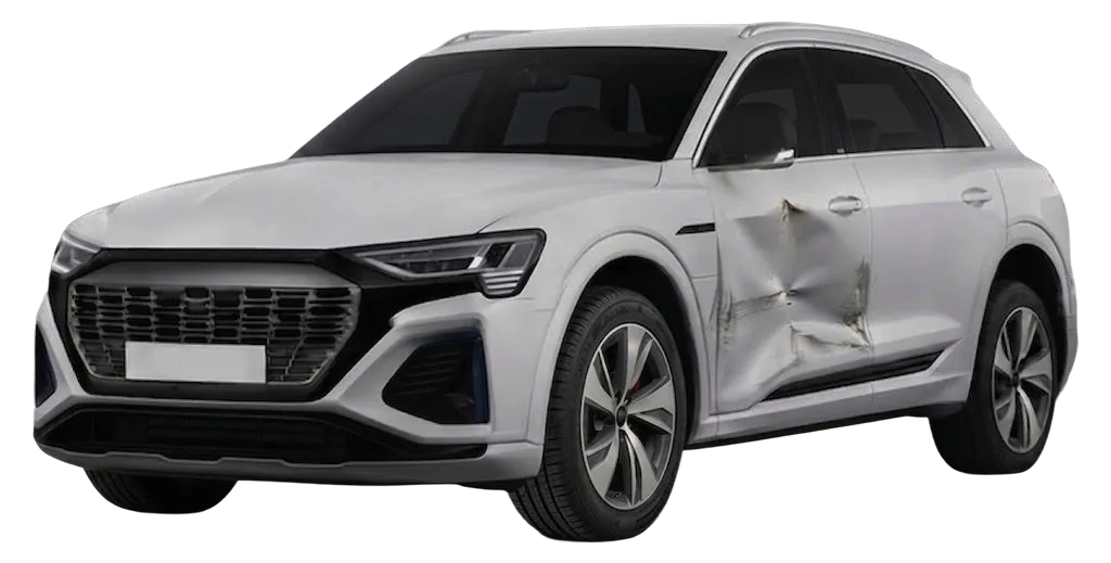White SUV with a dented rear door