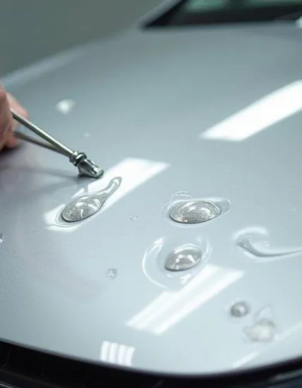 Technician repairing hail dents on a silver car bonnet