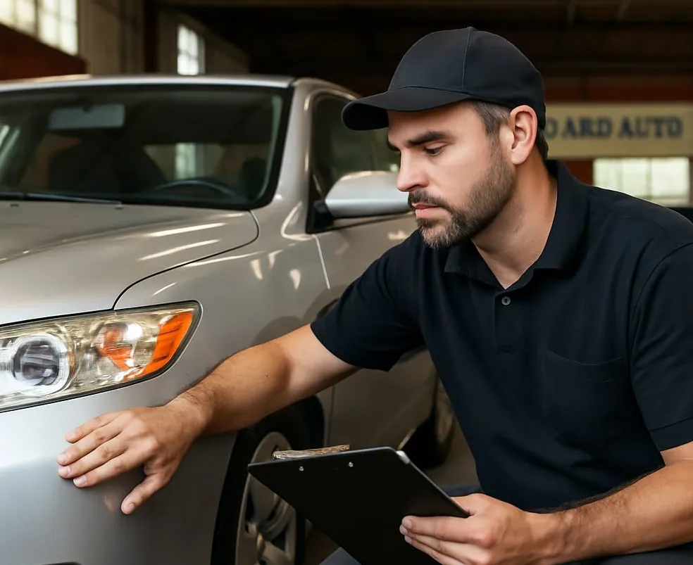 LIFT repair specialist inspecting the front of a silver car