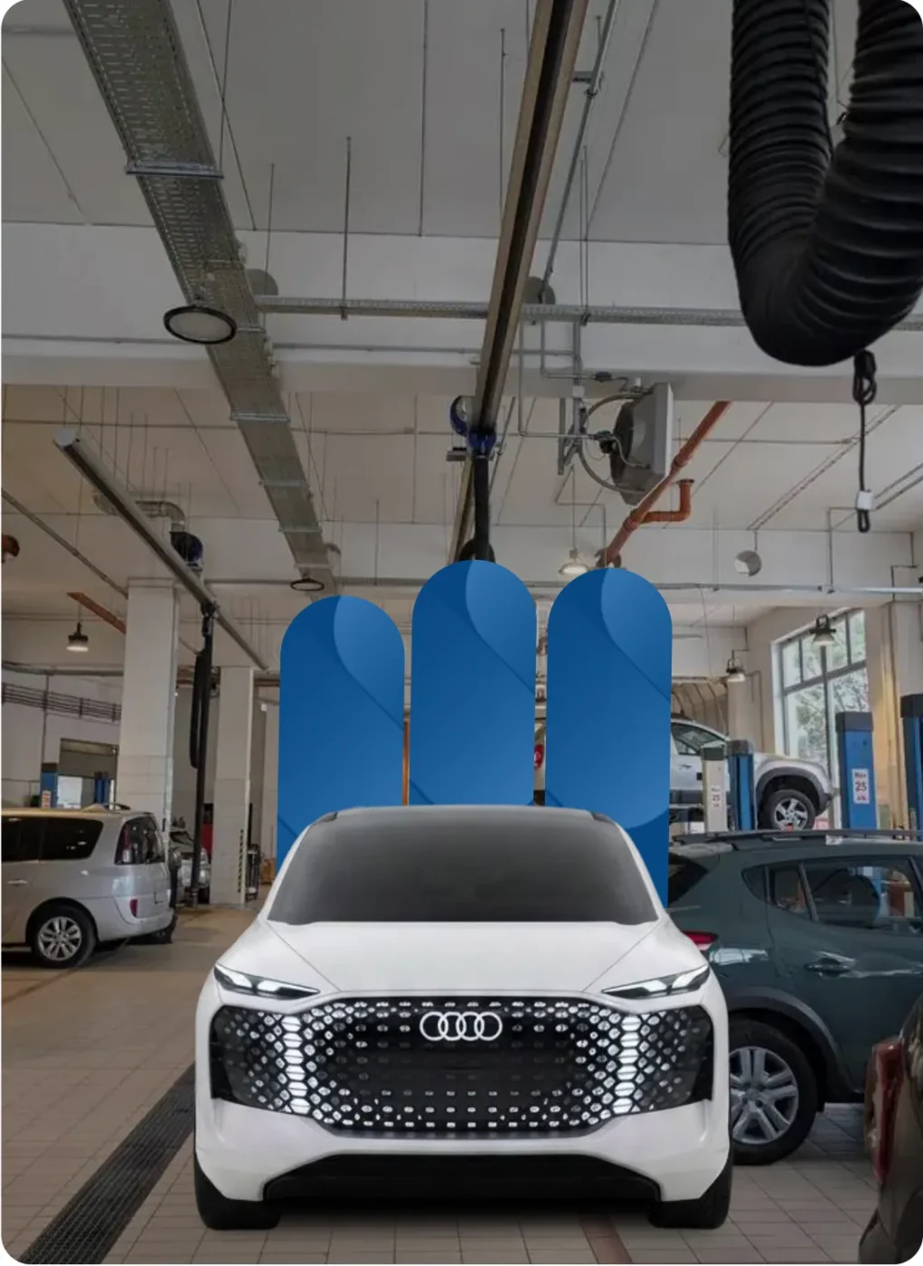 White SUV in a bright repair workshop