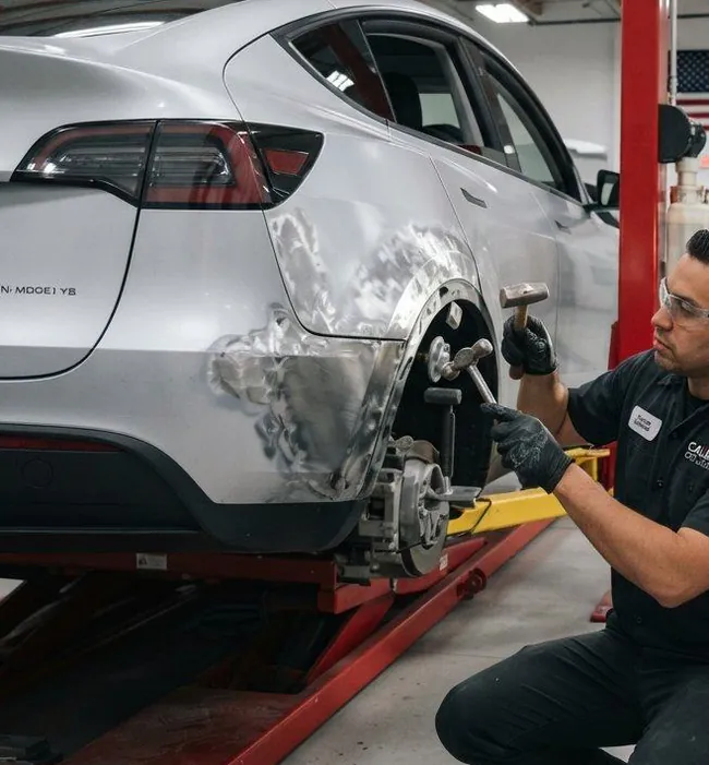 Technician checking the wheel of a damaged white car on a lift