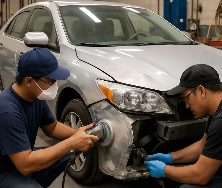 Two technicians repairing the front bumper of a white car