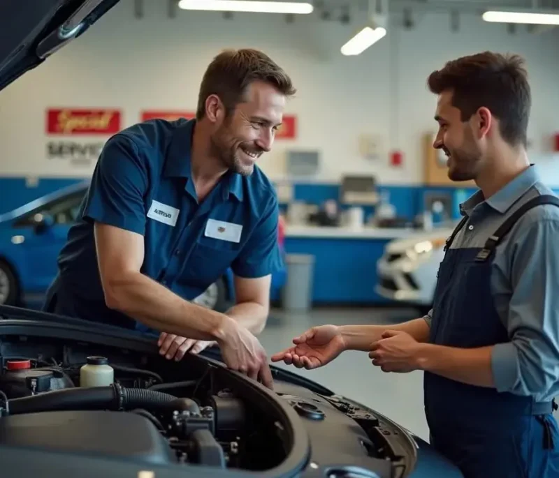 Two technicians discussing a repair under the bonnet