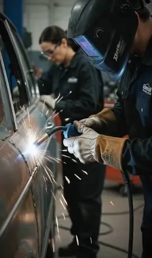 Technician welding a car body panel
